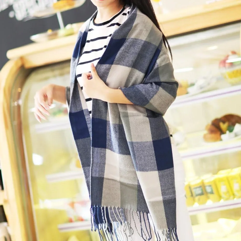 Women's blue Grey Lattice Scarf Fashion Long Plaid Shawls Wraps Big Grid Winter - Picture 4 of 6